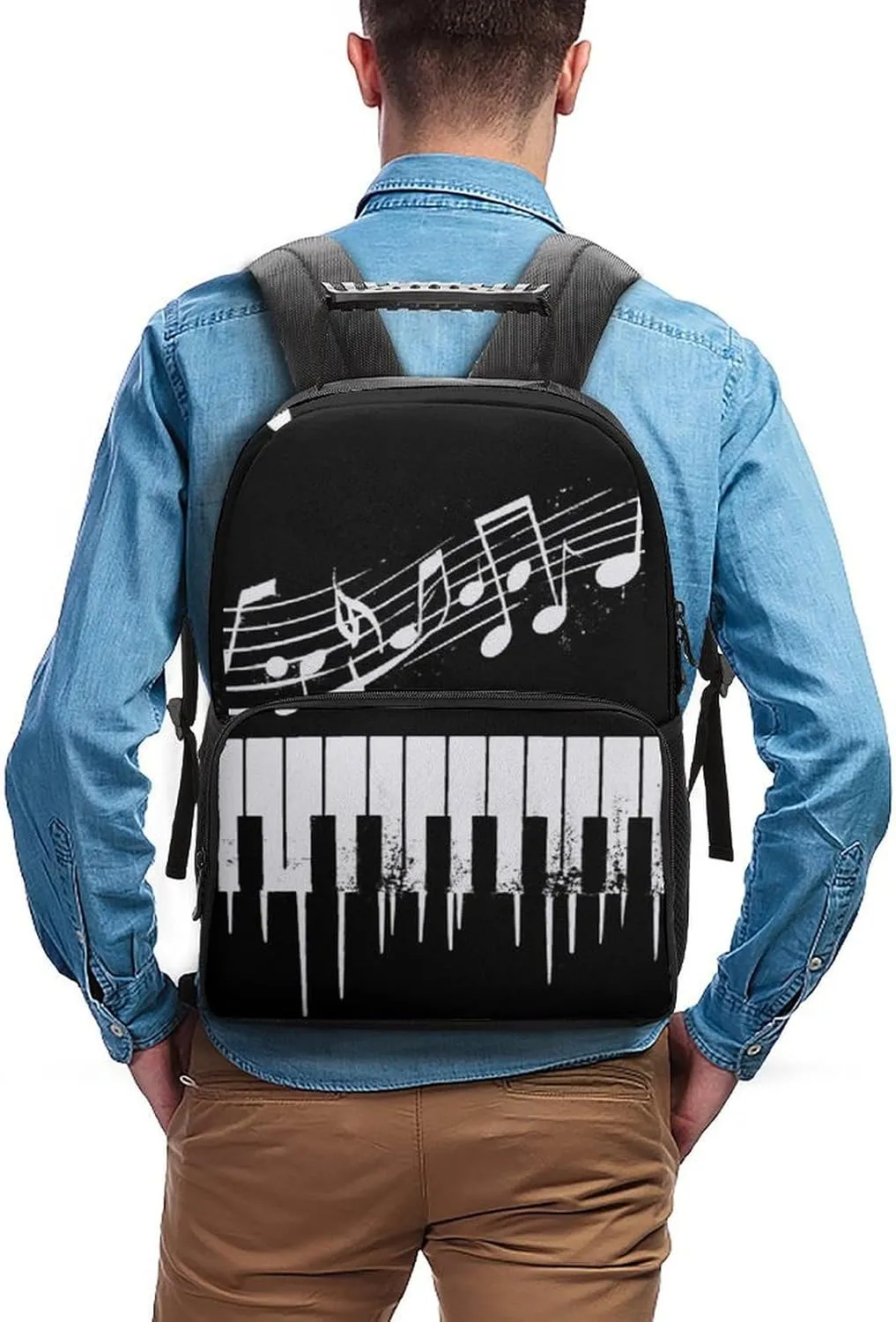 Supdreamc Polyester Daypack Backpack for Climbing Outdoors Running - Big Capacity Multipurpose Anti-Theft Bookbag, Black And White Piano Keys With Musical Notes Travel Hiking & Camping Rucksack