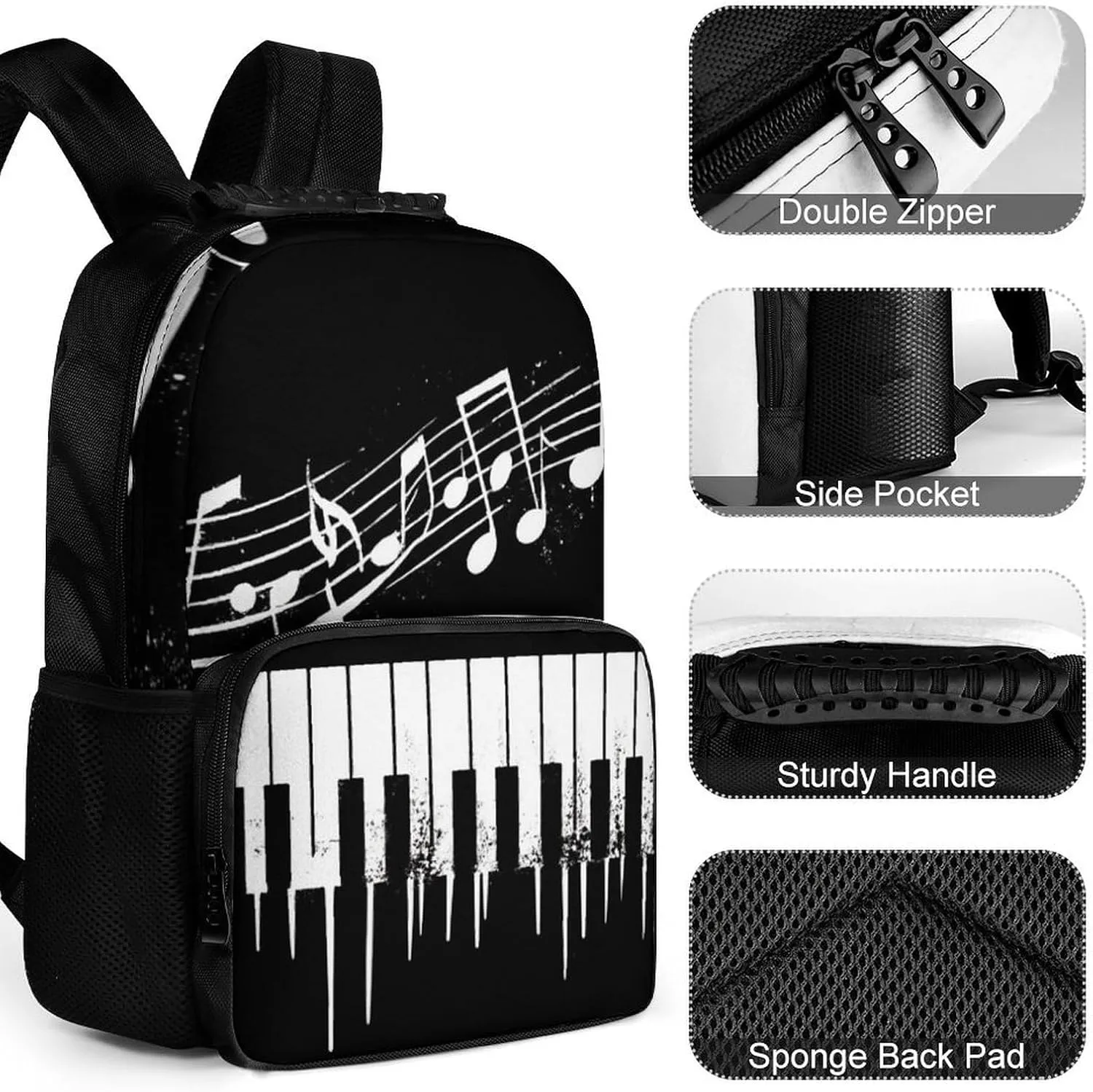 Supdreamc Polyester Daypack Backpack for Climbing Outdoors Running - Big Capacity Multipurpose Anti-Theft Bookbag, Black And White Piano Keys With Musical Notes Travel Hiking & Camping Rucksack