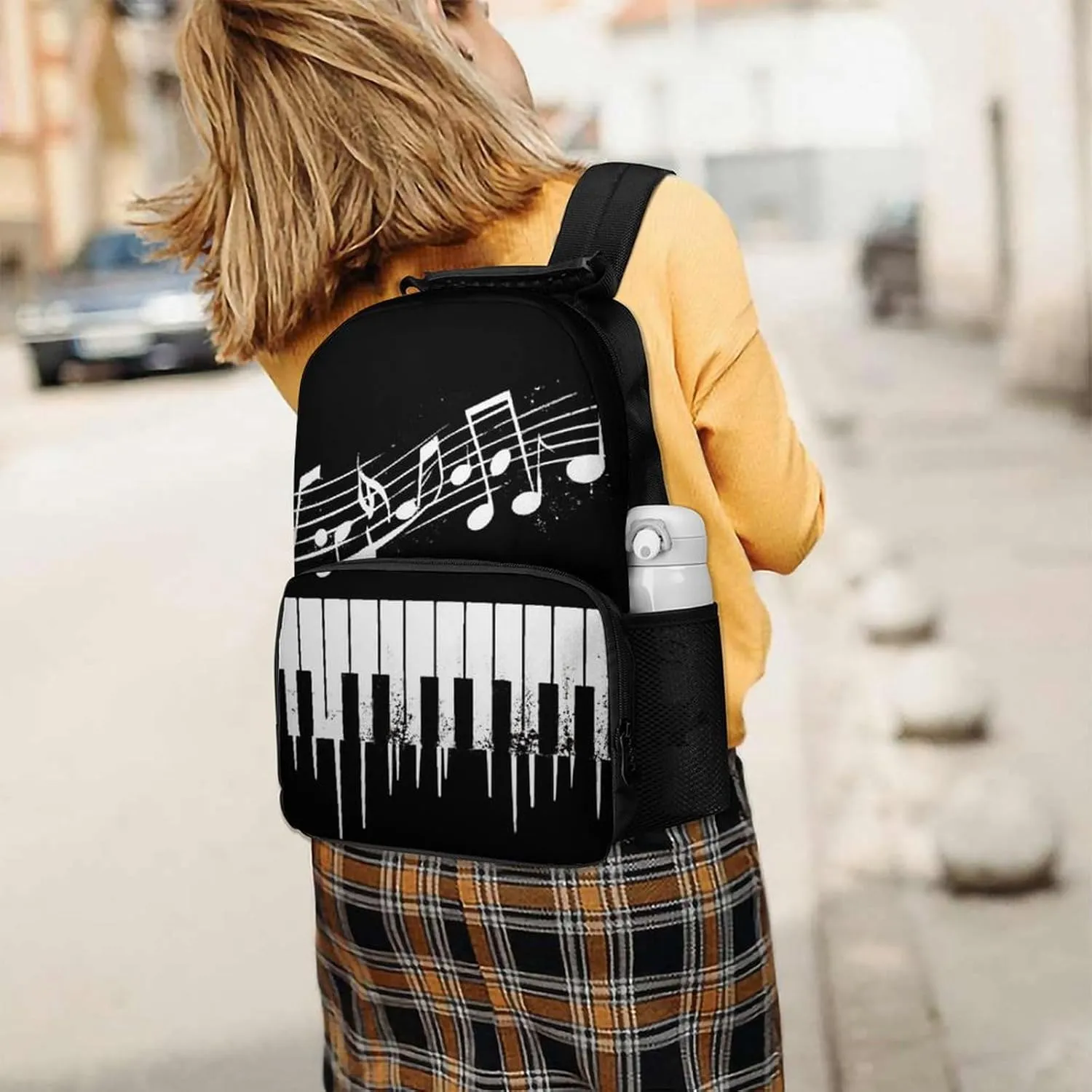 Supdreamc Polyester Daypack Backpack for Climbing Outdoors Running - Big Capacity Multipurpose Anti-Theft Bookbag, Black And White Piano Keys With Musical Notes Travel Hiking & Camping Rucksack