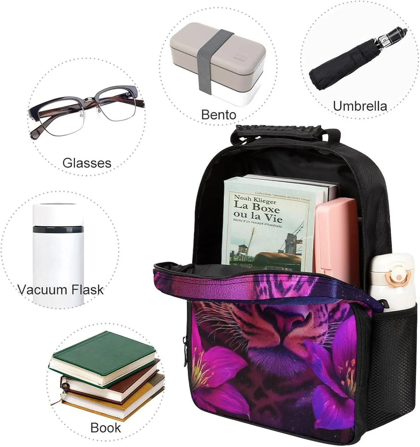 Supdreamc Polyester Daypack Backpack for Sports Travel Running - Big Capacity Anti-Theft Multipurpose Carry On Bag, Beautiful Wild Animal Tiger Abstract Floral Art Laptop Book Bag Rucksack