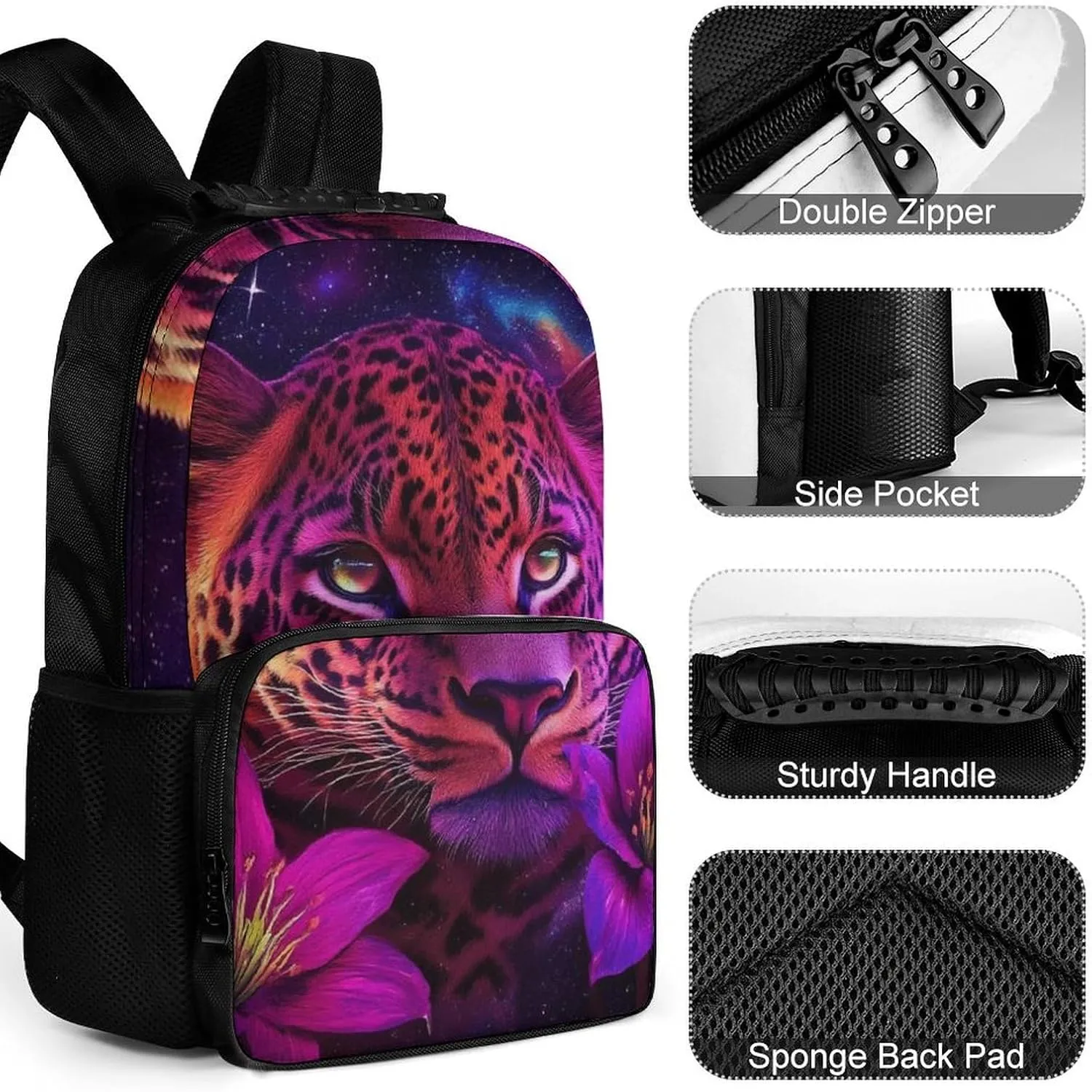 Supdreamc Polyester Daypack Backpack for Sports Travel Running - Big Capacity Anti-Theft Multipurpose Carry On Bag, Beautiful Wild Animal Tiger Abstract Floral Art Laptop Book Bag Rucksack