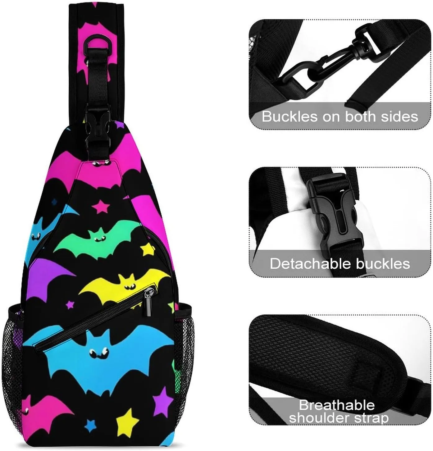 Supdreamc Ultra Lightweight Sling Bag Backpack Shoulder Crossbody Bag Chest Pack Anti-Theft Multipurpose Bag for Outdoor Cycling Hiking Travel (Halloween Cool Neon Bats)