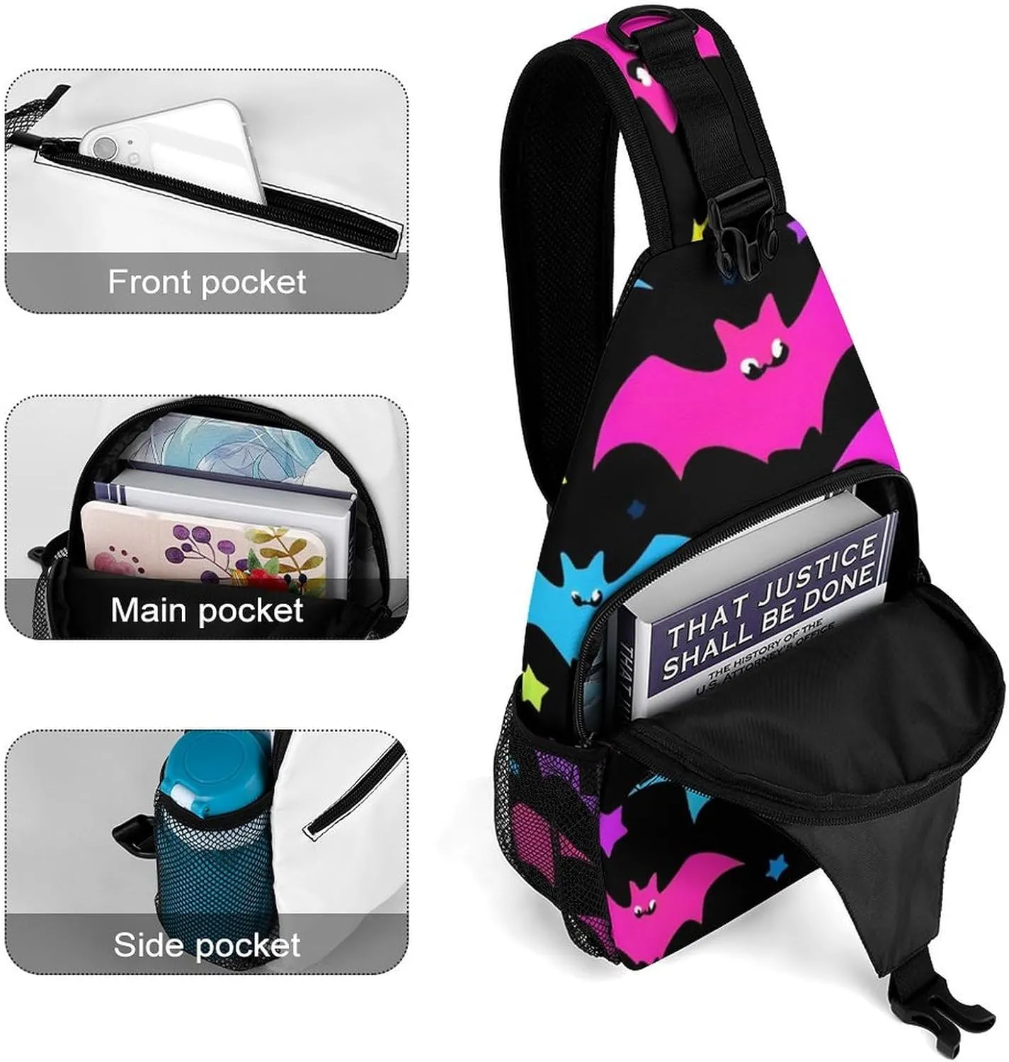 Supdreamc Ultra Lightweight Sling Bag Backpack Shoulder Crossbody Bag Chest Pack Anti-Theft Multipurpose Bag for Outdoor Cycling Hiking Travel (Halloween Cool Neon Bats)