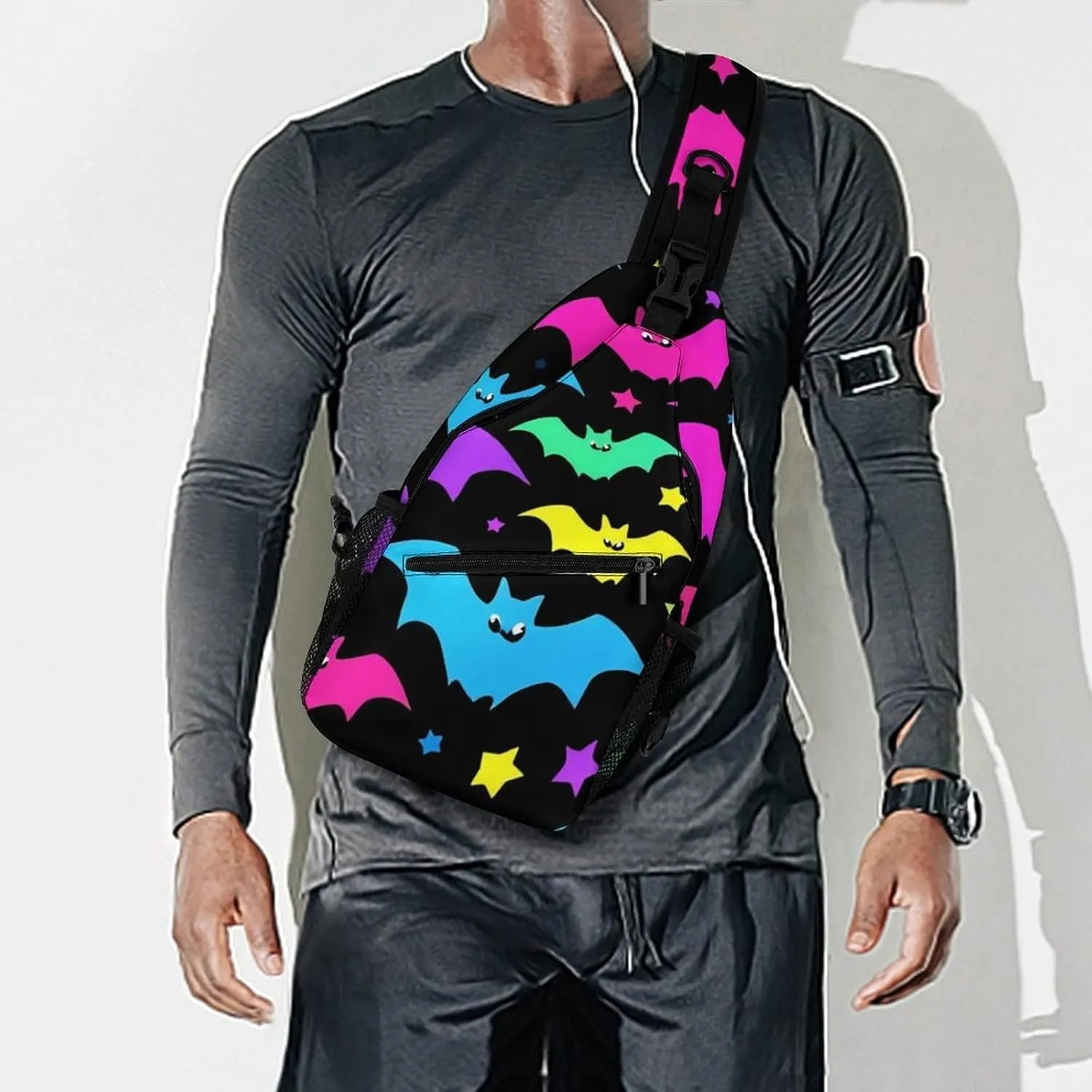 Supdreamc Ultra Lightweight Sling Bag Backpack Shoulder Crossbody Bag Chest Pack Anti-Theft Multipurpose Bag for Outdoor Cycling Hiking Travel (Halloween Cool Neon Bats)