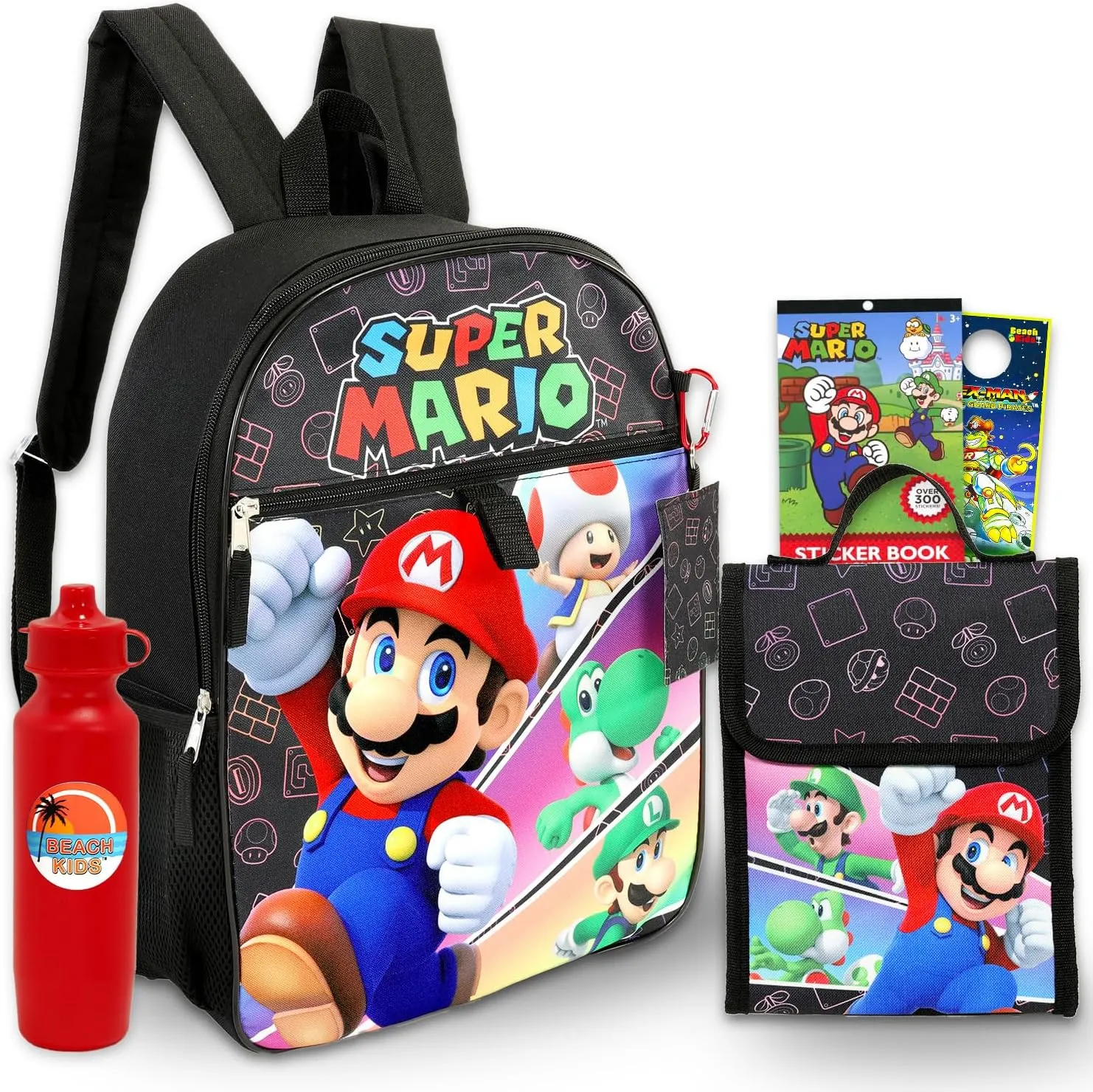 Super Mario Backpack and Lunch Bag Set - Bundle with Backpack, Lunch Box, Stickers, Water Bottle, More | Super Mario Bros School Bag for Boys