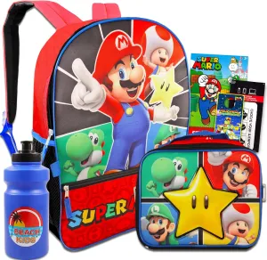 Super Mario Backpack and Lunch Box Set for Kids - Bundle With Lunch Bag, Stickers, Water Bottle, More | Backpack for Boys 4-6