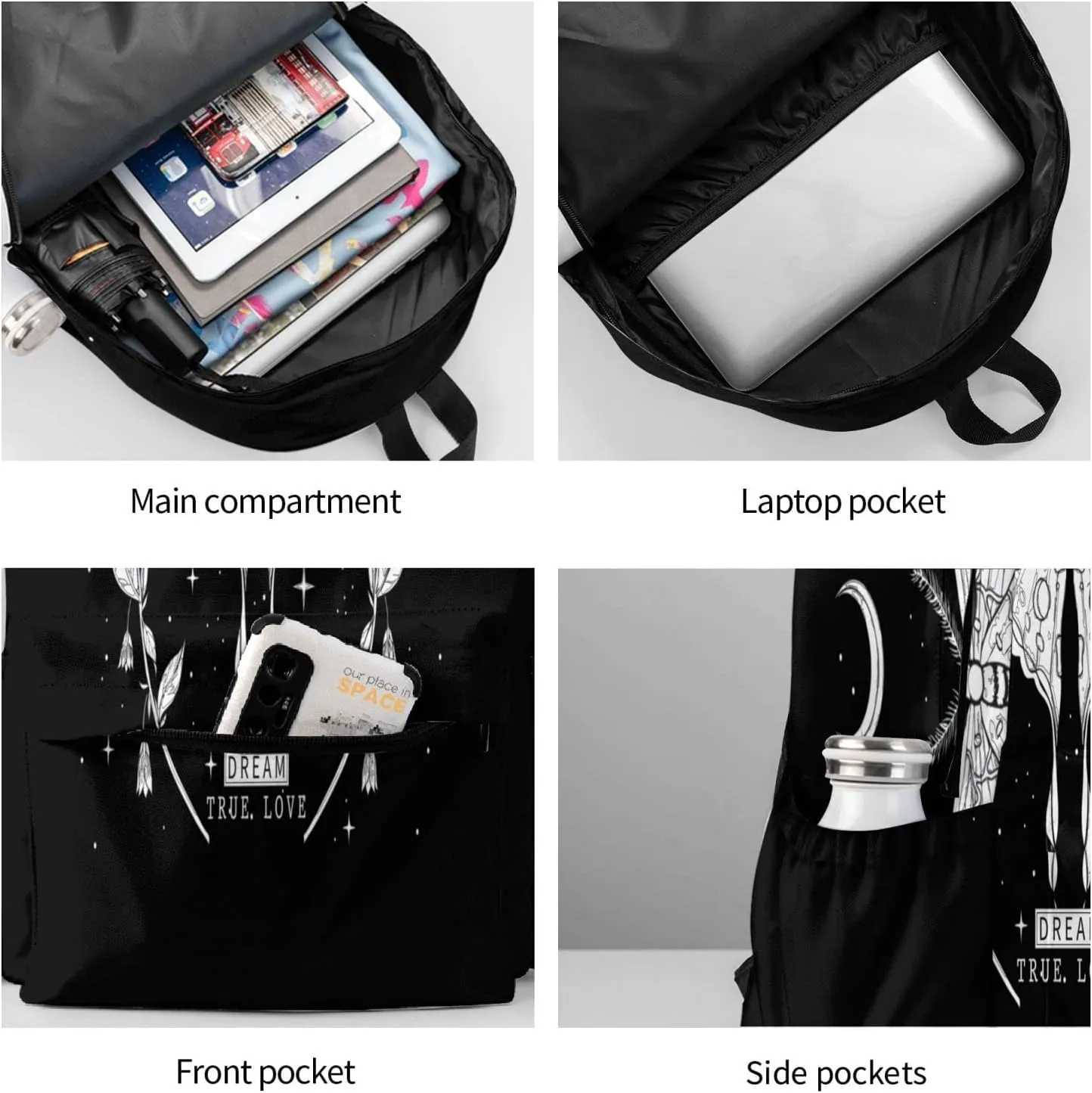 SUPLUCHOM School Backpack Black White Butterfly Moon Tarot Casual Daypack Men Women Polyester Laptop Bag with Side Pockets Bookbag for Travel Hiking Work Student Over 3 Years Old Kids