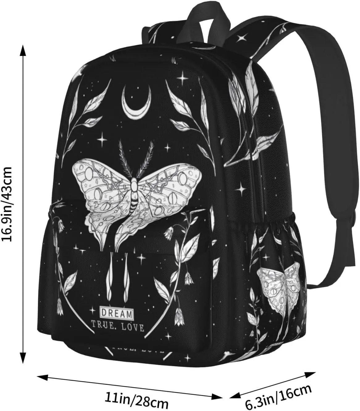 SUPLUCHOM School Backpack Black White Butterfly Moon Tarot Casual Daypack Men Women Polyester Laptop Bag with Side Pockets Bookbag for Travel Hiking Work Student Over 3 Years Old Kids