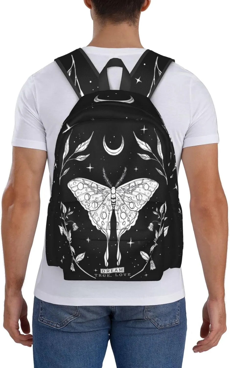 SUPLUCHOM School Backpack Black White Butterfly Moon Tarot Casual Daypack Men Women Polyester Laptop Bag with Side Pockets Bookbag for Travel Hiking Work Student Over 3 Years Old Kids