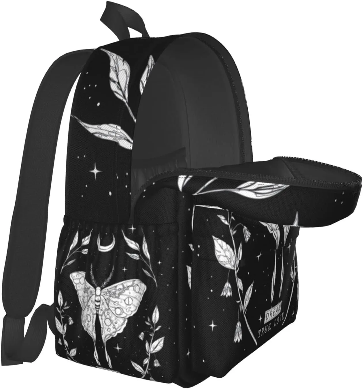 SUPLUCHOM School Backpack Black White Butterfly Moon Tarot Casual Daypack Men Women Polyester Laptop Bag with Side Pockets Bookbag for Travel Hiking Work Student Over 3 Years Old Kids