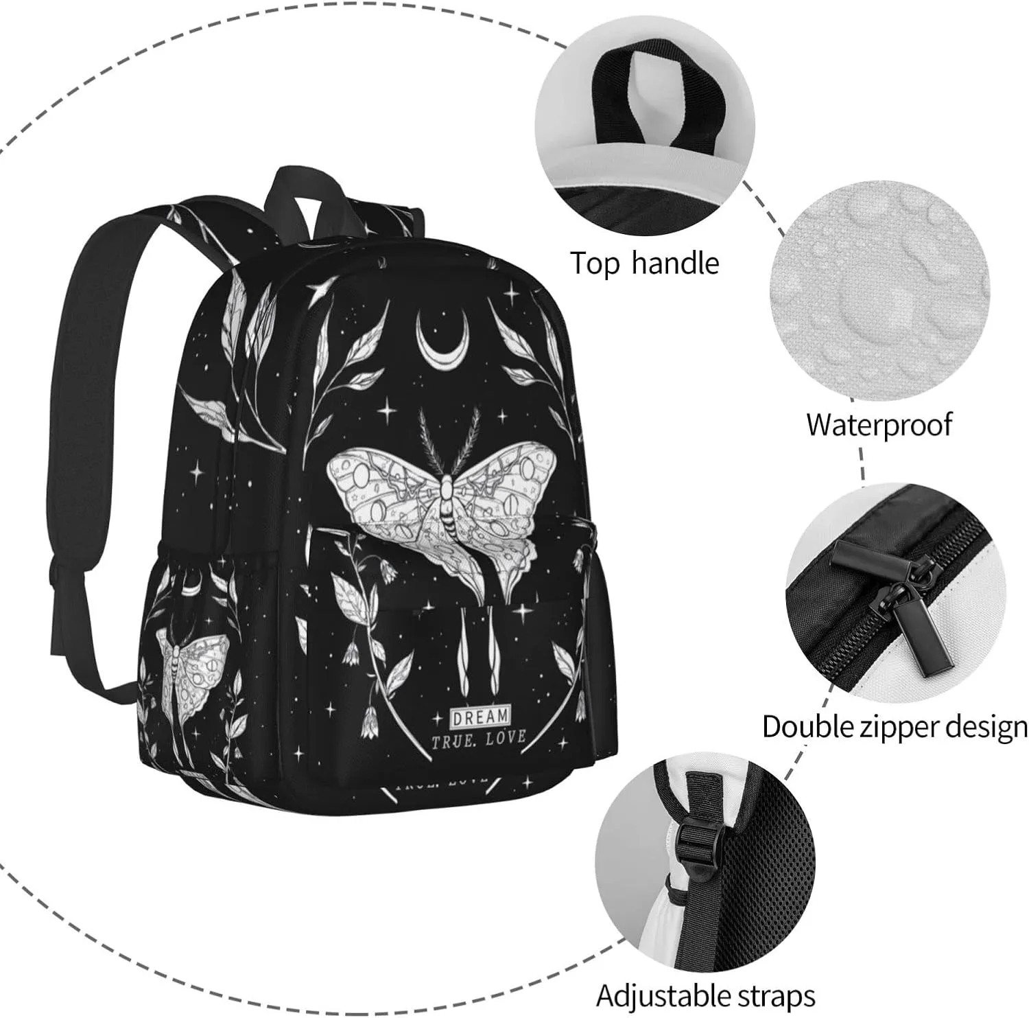 SUPLUCHOM School Backpack Black White Butterfly Moon Tarot Casual Daypack Men Women Polyester Laptop Bag with Side Pockets Bookbag for Travel Hiking Work Student Over 3 Years Old Kids