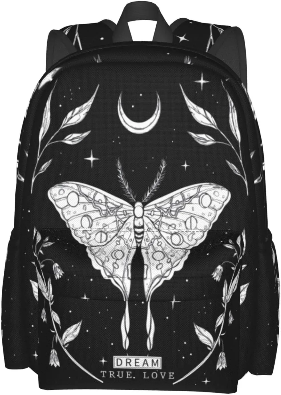 SUPLUCHOM School Backpack Black White Butterfly Moon Tarot Casual Daypack Men Women Polyester Laptop Bag with Side Pockets Bookbag for Travel Hiking Work Student Over 3 Years Old Kids
