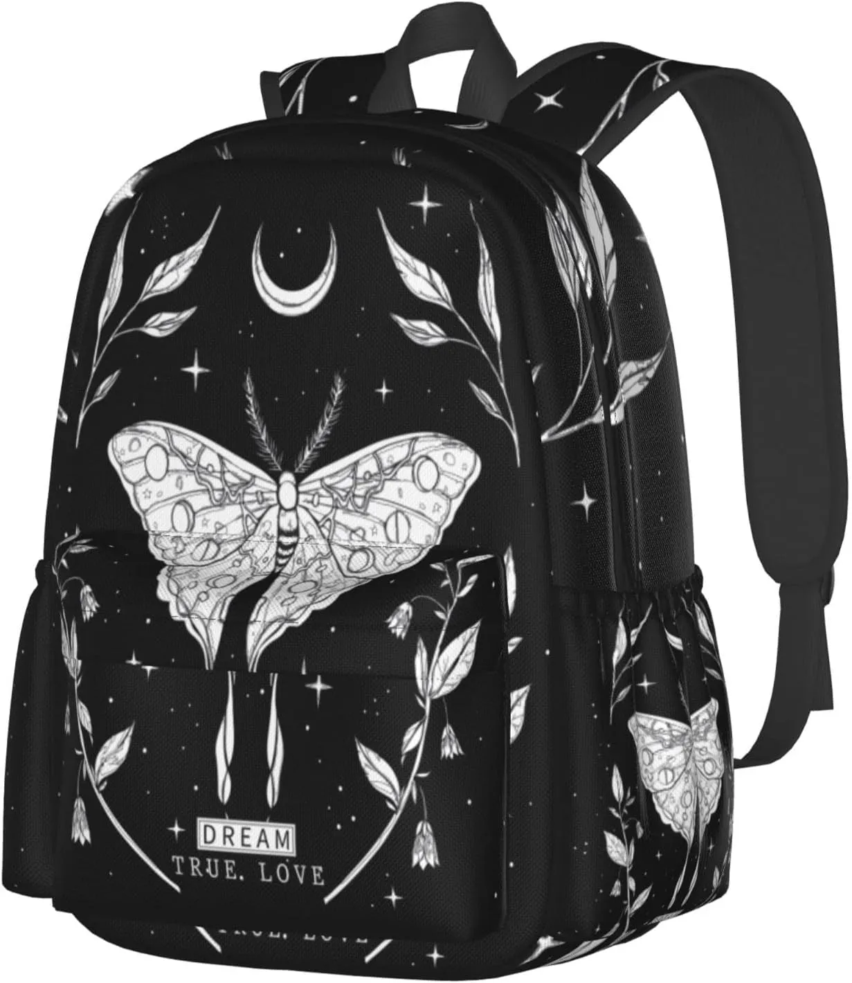 SUPLUCHOM School Backpack Black White Butterfly Moon Tarot Casual Daypack Men Women Polyester Laptop Bag with Side Pockets Bookbag for Travel Hiking Work Student Over 3 Years Old Kids