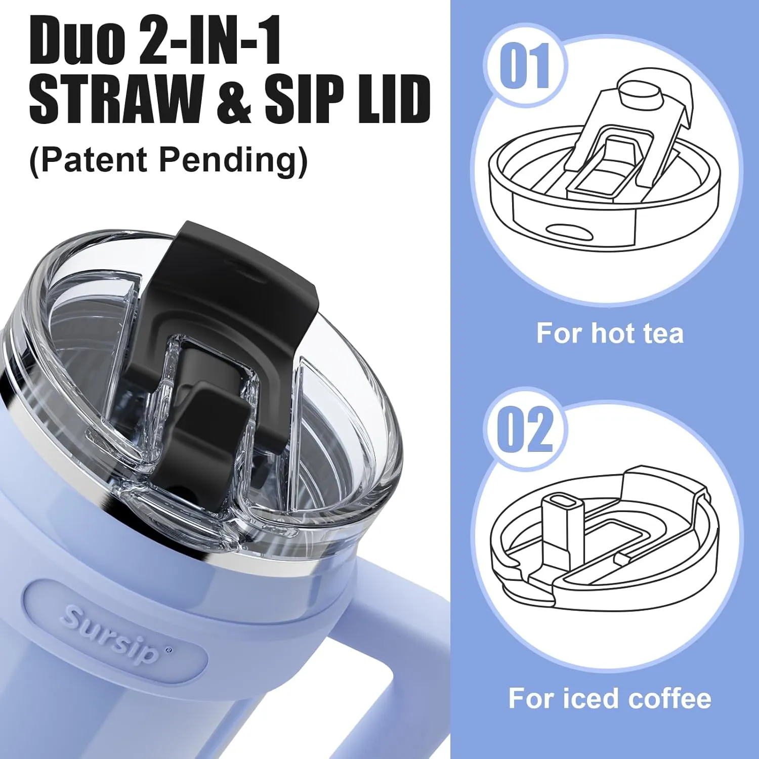 Sursip 40oz Insulated Tumbler with Handle and Flip Straw,Stainless Steel Travel Mug 2 in 1 Straw Lid-Leak Proof Keeps Drinks Cold for 24 Hours-Sweat Proof,Fit in Cup Holder-Ice Blue