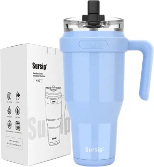 Sursip 40oz Insulated Tumbler with Handle and Flip Straw,Stainless Steel Travel Mug 2 in 1 Straw Lid-Leak Proof Keeps Drinks Cold for 24 Hours-Sweat Proof,Fit in Cup Holder-Ice Blue
