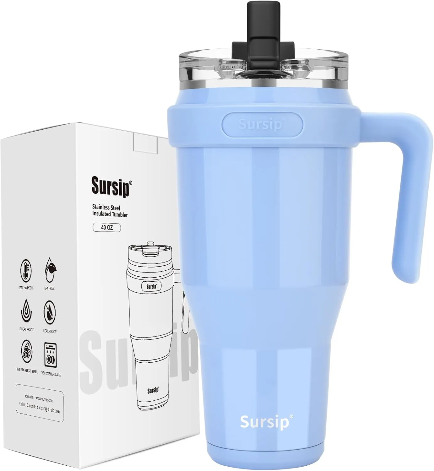 Sursip 40oz Insulated Tumbler with Handle and Flip Straw,Stainless Steel Travel Mug 2 in 1 Straw Lid-Leak Proof Keeps Drinks Cold for 24 Hours-Sweat Proof,Fit in Cup Holder-Ice Blue