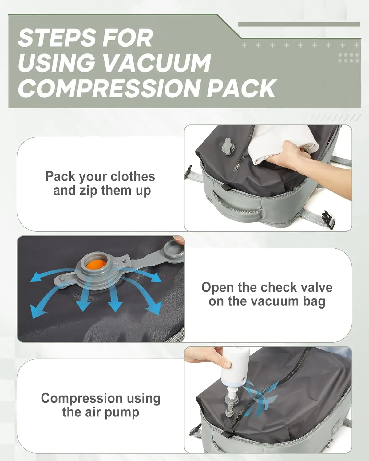 suwasp Vacuum Compression Backpack, 45L Expandable Travel Backpack with Electric Vacpack Pump, Travel Vacuum Bags with Shoe Compartment/17inch Laptop Compartment/USB Port, Glassgreen
