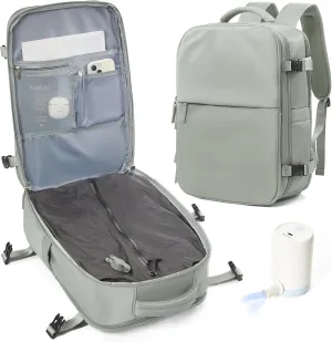 suwasp Vacuum Compression Backpack, 45L Expandable Travel Backpack with Electric Vacpack Pump, Travel Vacuum Bags with Shoe Compartment/17inch Laptop Compartment/USB Port, Glassgreen