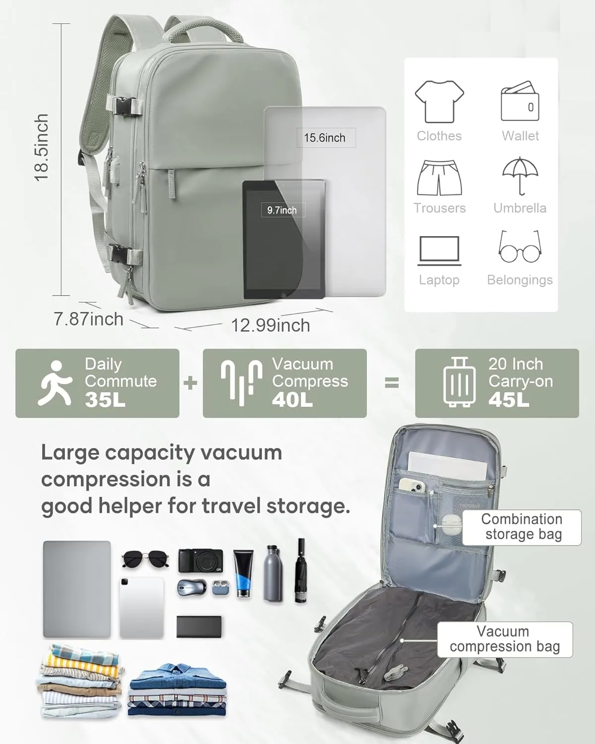 suwasp Vacuum Compression Backpack, 45L Expandable Travel Backpack with Electric Vacpack Pump, Travel Vacuum Bags with Shoe Compartment/17inch Laptop Compartment/USB Port, Glassgreen