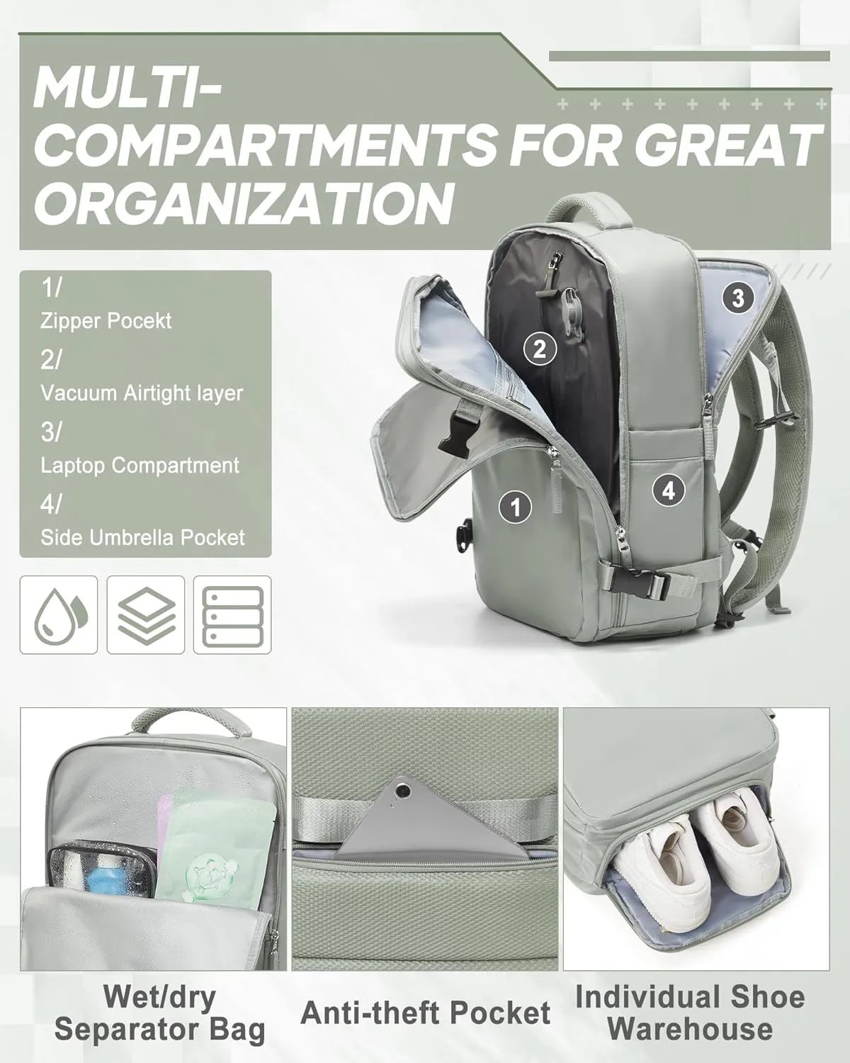 suwasp Vacuum Compression Backpack, 45L Expandable Travel Backpack with Electric Vacpack Pump, Travel Vacuum Bags with Shoe Compartment/17inch Laptop Compartment/USB Port, Glassgreen