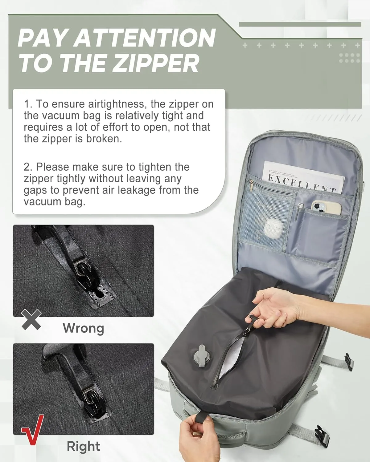 suwasp Vacuum Compression Backpack, 45L Expandable Travel Backpack with Electric Vacpack Pump, Travel Vacuum Bags with Shoe Compartment/17inch Laptop Compartment/USB Port, Glassgreen