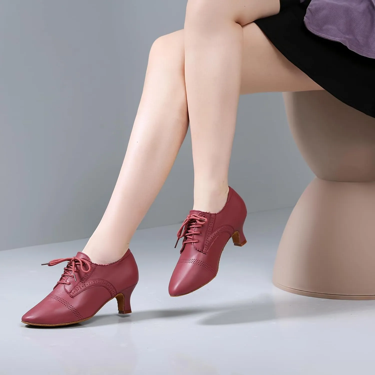 SWDZM Leather Ballroom Dance Practice Shoes for Women Closed Toe Modern Salsa Rhythm Teaching Shoes