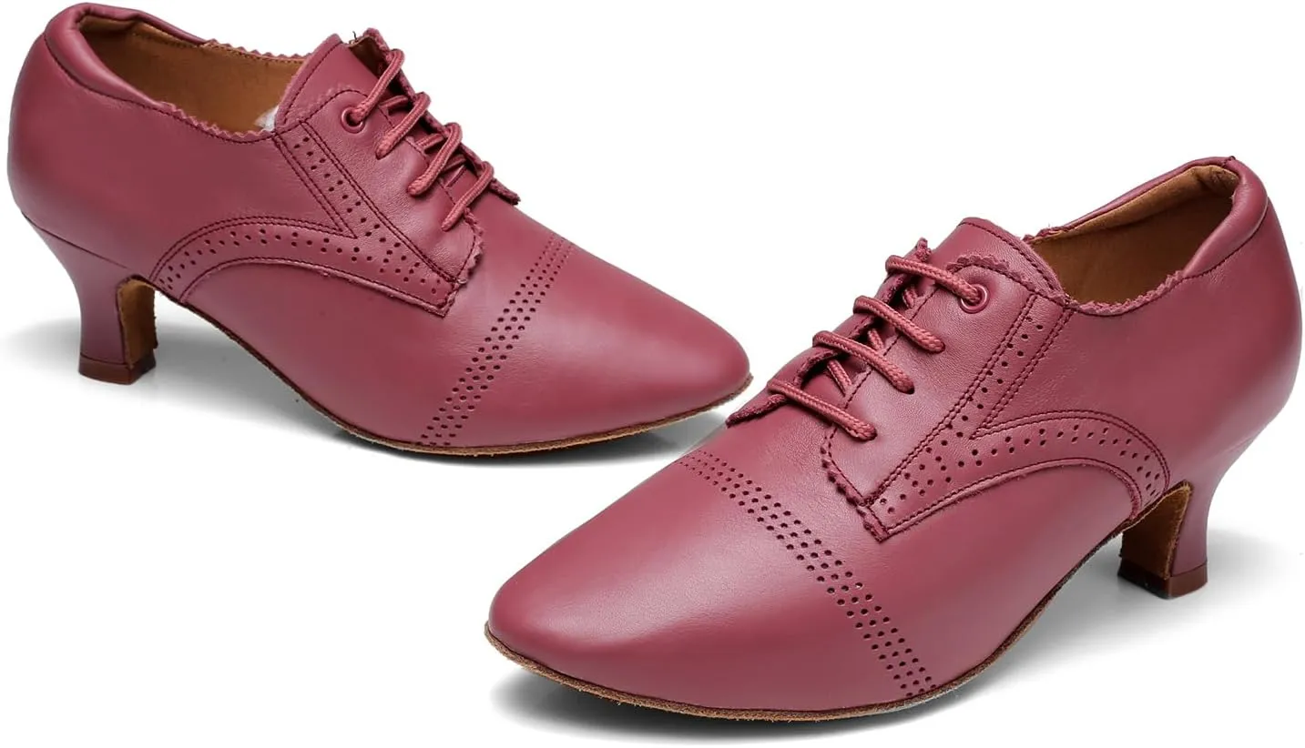 SWDZM Leather Ballroom Dance Practice Shoes for Women Closed Toe Modern Salsa Rhythm Teaching Shoes