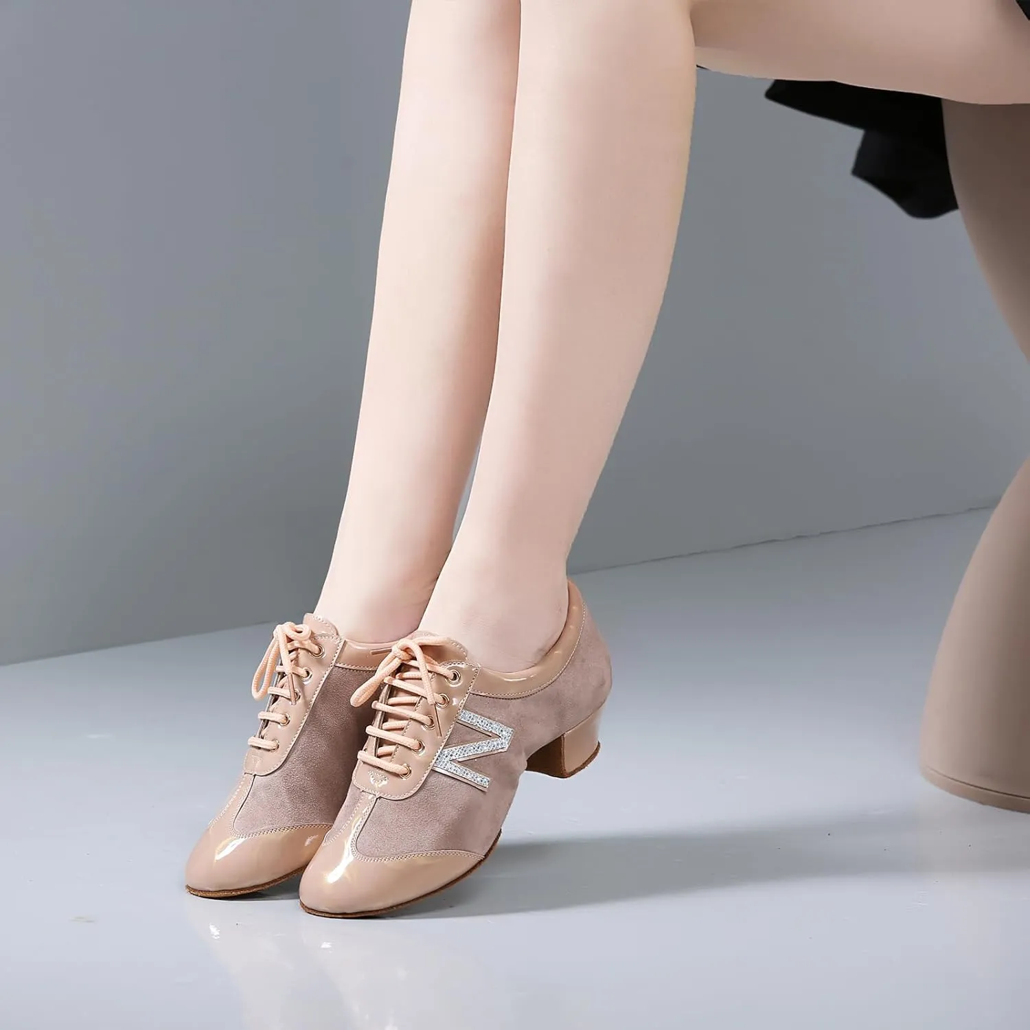 SWDZM Women Leather Ballroom Dance Shoes Closed Toe Lace-up Rhythm Teaching Practice Dancing Shoes
