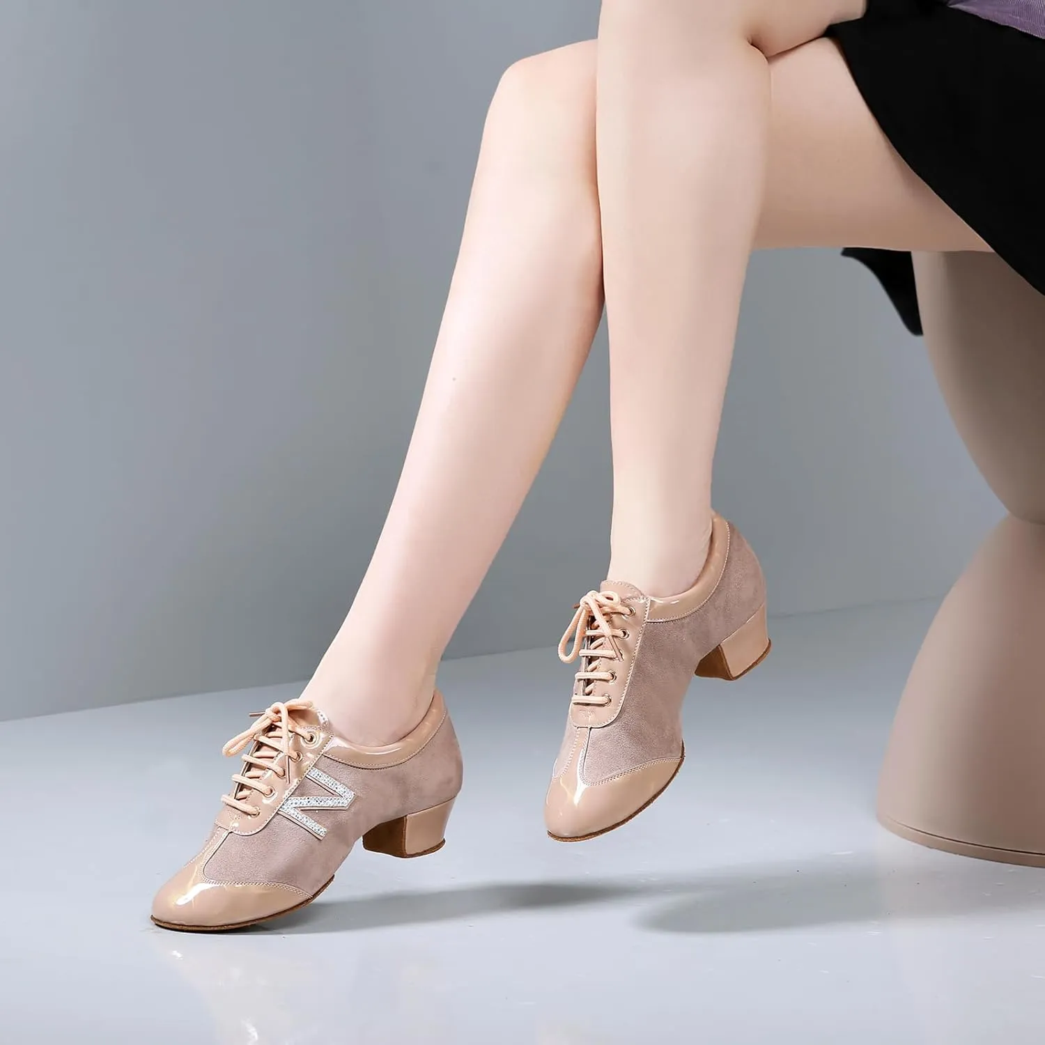 SWDZM Women Leather Ballroom Dance Shoes Closed Toe Lace-up Rhythm Teaching Practice Dancing Shoes