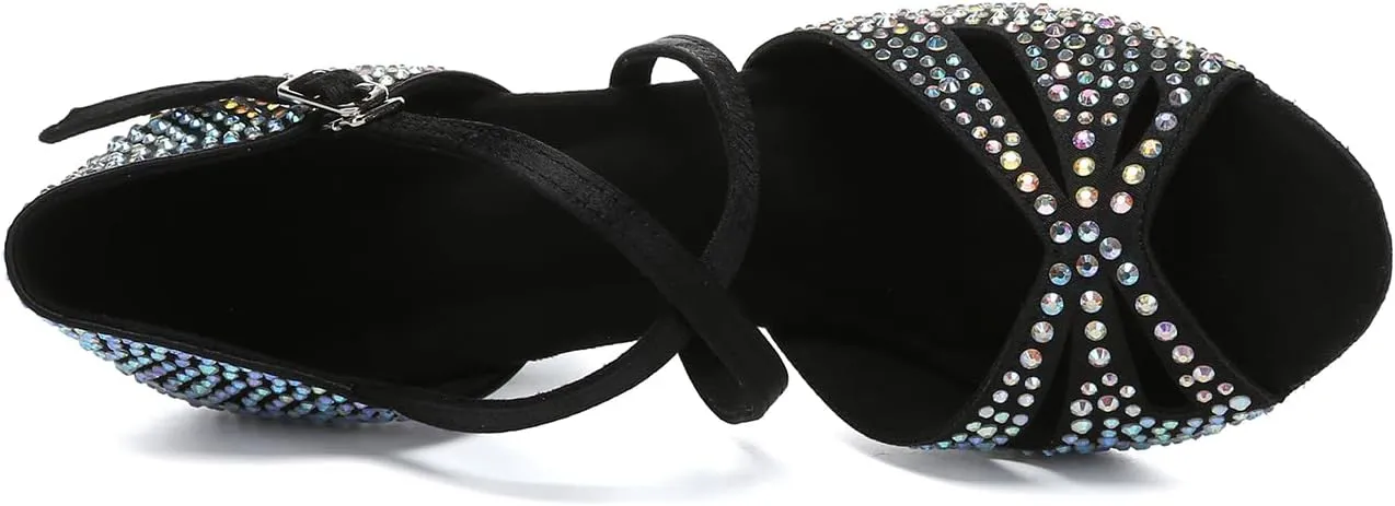 SWDZM Women Rhinestone Latin Ballroom Dance Shoes Practice Salsa Dancing Heels