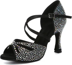 SWDZM Women Rhinestone Latin Ballroom Dance Shoes Practice Salsa Dancing Heels