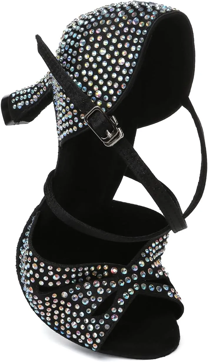 SWDZM Women Rhinestone Latin Ballroom Dance Shoes Practice Salsa Dancing Heels