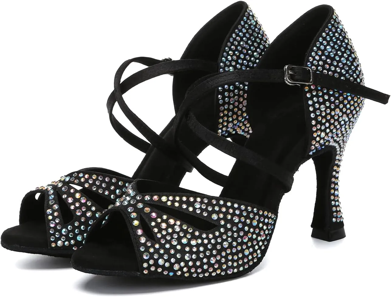 SWDZM Women Rhinestone Latin Ballroom Dance Shoes Practice Salsa Dancing Heels
