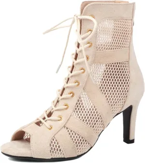 SWDZM Women's Ballroom Latin Salsa Dance Shoes Lace-up Open-Toe Dance Boots Mesh Performance Professional Dance Heels