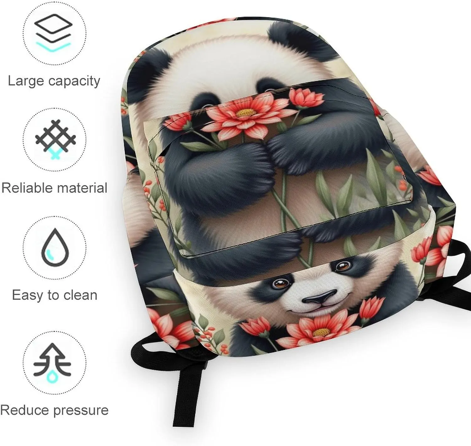 SWEET TANG Novelty Backpack with Mesh Pockets Multifunction College Laptop Rucksack Daypack for Men Women, Large Capacity Backpack Compatible with Cute Panda Flower