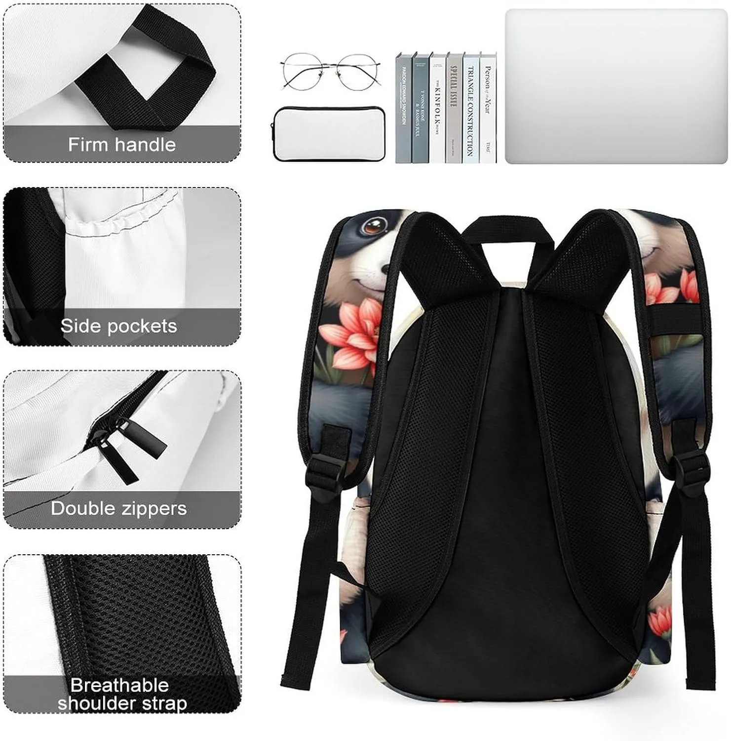 SWEET TANG Novelty Backpack with Mesh Pockets Multifunction College Laptop Rucksack Daypack for Men Women, Large Capacity Backpack Compatible with Cute Panda Flower