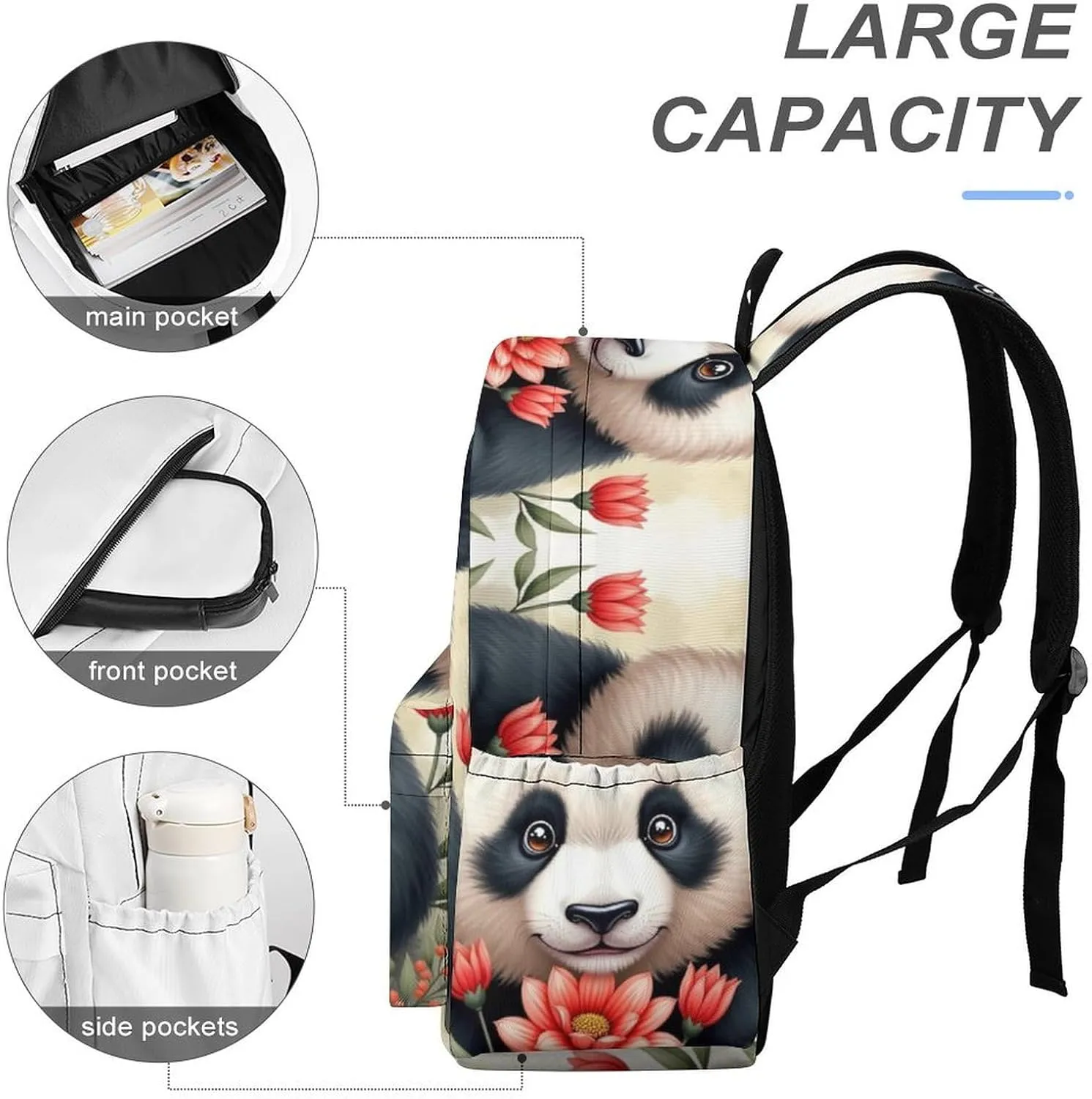 SWEET TANG Novelty Backpack with Mesh Pockets Multifunction College Laptop Rucksack Daypack for Men Women, Large Capacity Backpack Compatible with Cute Panda Flower