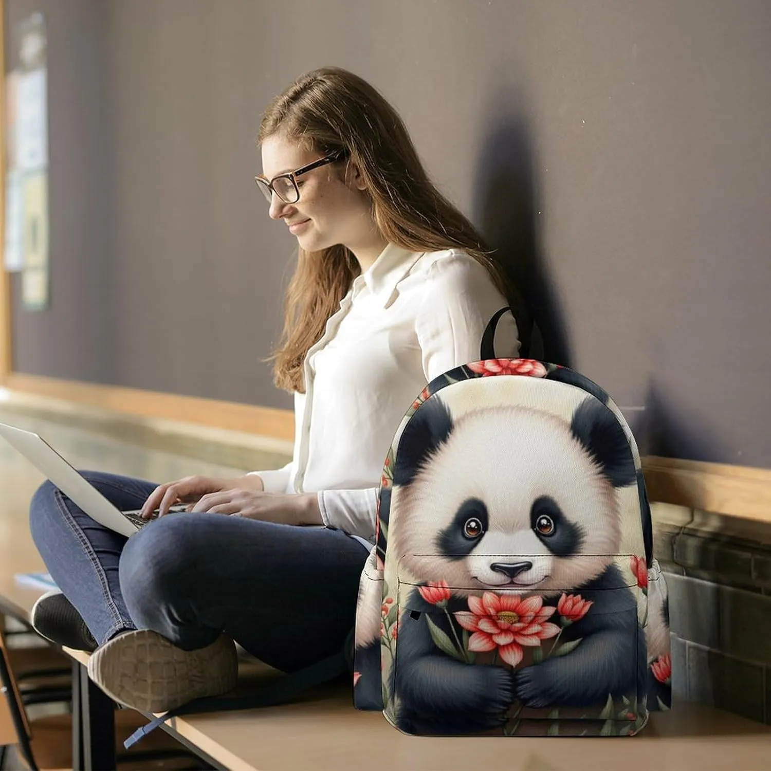SWEET TANG Novelty Backpack with Mesh Pockets Multifunction College Laptop Rucksack Daypack for Men Women, Large Capacity Backpack Compatible with Cute Panda Flower
