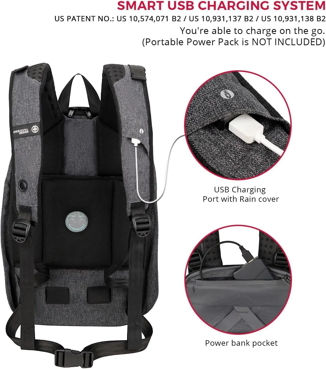 Swissdigital Design Large Laptop Backpack for Man, TSA-Friendly 15.6" Laptop Bag with USB Charging Port and Vibrating Massager,Suitable for Business/Travel/Commute Daily, Grey | COSMO 3.0
