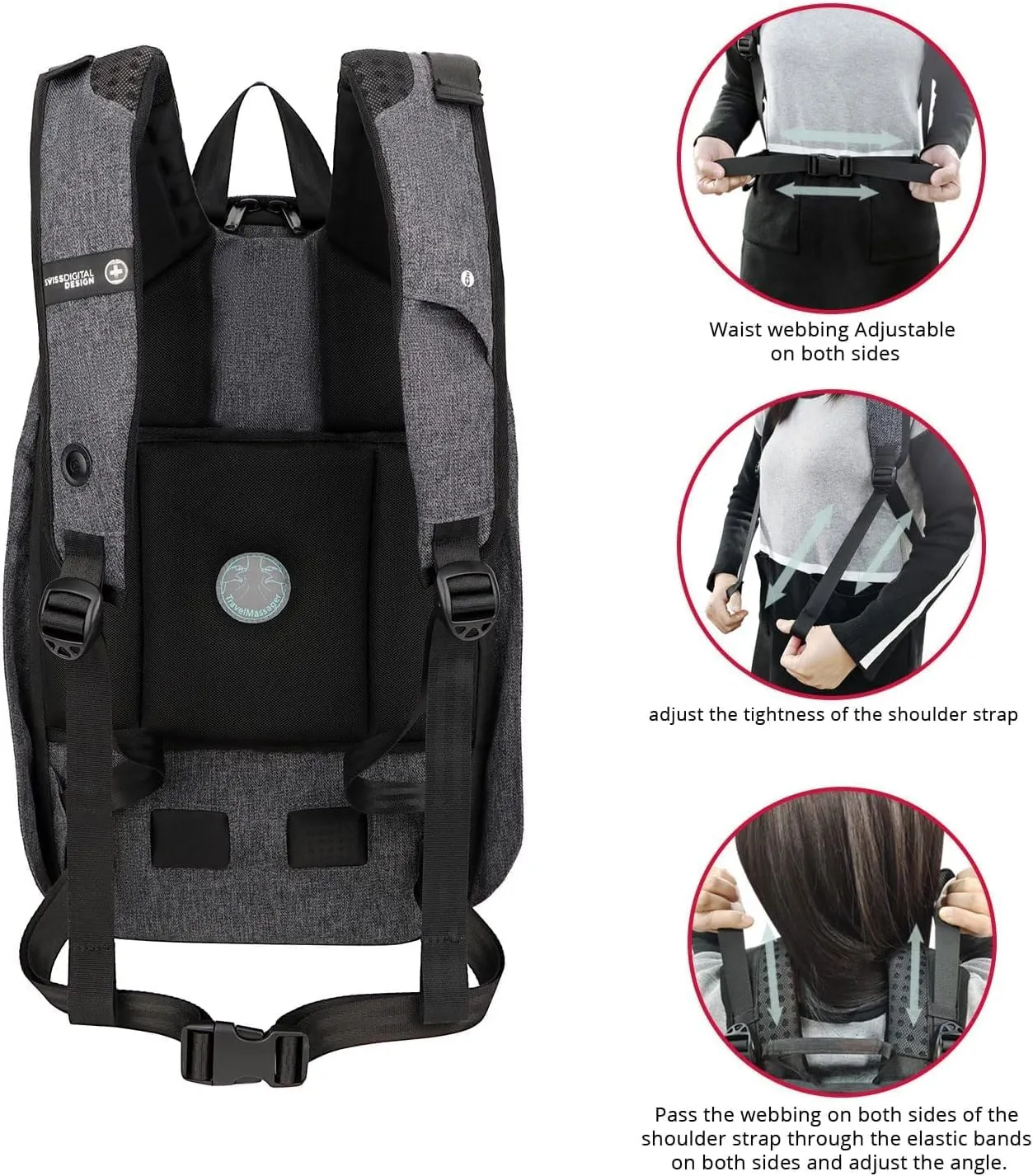 Swissdigital Design Large Laptop Backpack for Man, TSA-Friendly 15.6" Laptop Bag with USB Charging Port and Vibrating Massager,Suitable for Business/Travel/Commute Daily, Grey | COSMO 3.0