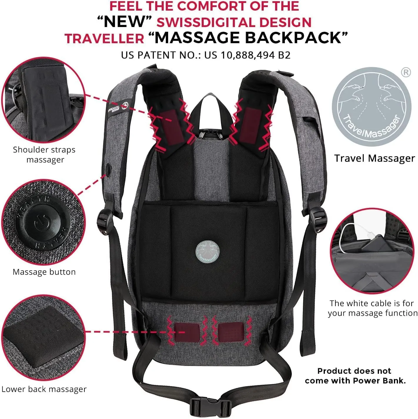 Swissdigital Design Large Laptop Backpack for Man, TSA-Friendly 15.6" Laptop Bag with USB Charging Port and Vibrating Massager,Suitable for Business/Travel/Commute Daily, Grey | COSMO 3.0
