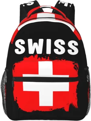 Switzerland Swiss Flag Backpack Casual Pack Bag Laptop Backpack With Side Pocket Front Zipper Pocket Bookpack Travel Daypack Picnic Rucksack
