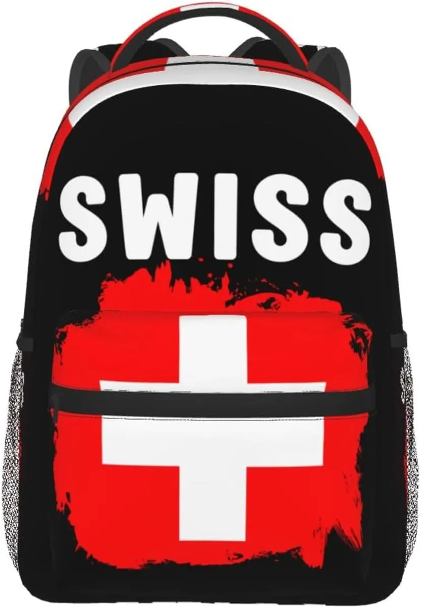 Switzerland Swiss Flag Backpack Casual Pack Bag Laptop Backpack With Side Pocket Front Zipper Pocket Bookpack Travel Daypack Picnic Rucksack