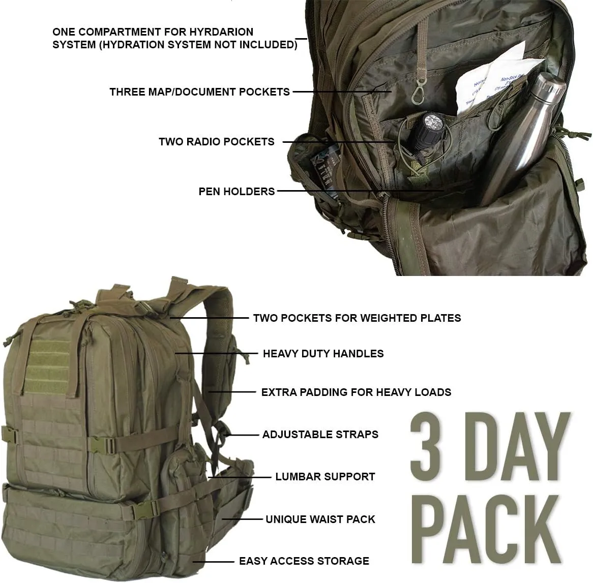 Tactical Assault Pack - Combat Rucksack - 17" Military MOLLE Backpack 27L - Olive Drab
