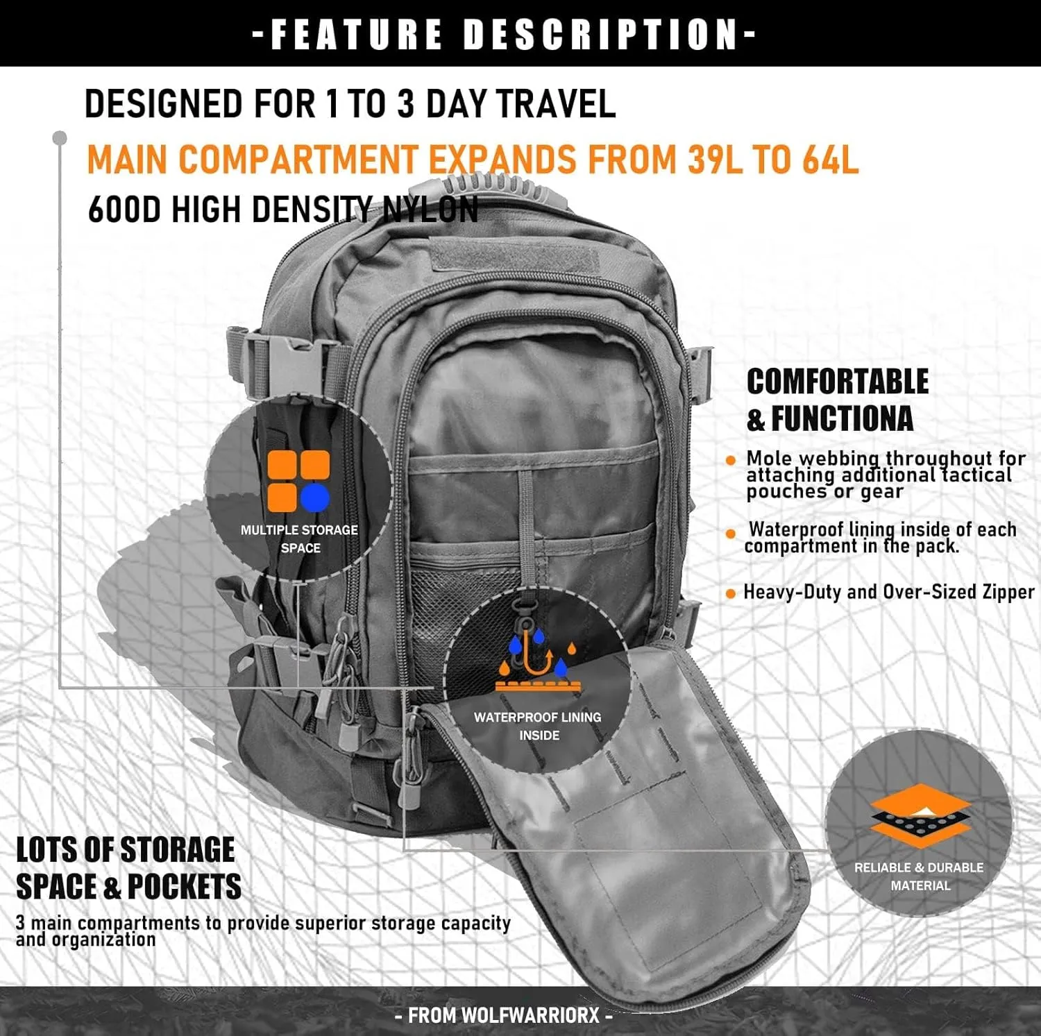 Tactical Backpack Military Army Daypack - Assault Pack for Men Molle Backpacks Bug Out Bag 3 Day Pack for Hiking Camping Travel Hunting Rucksack Trekking Grey
