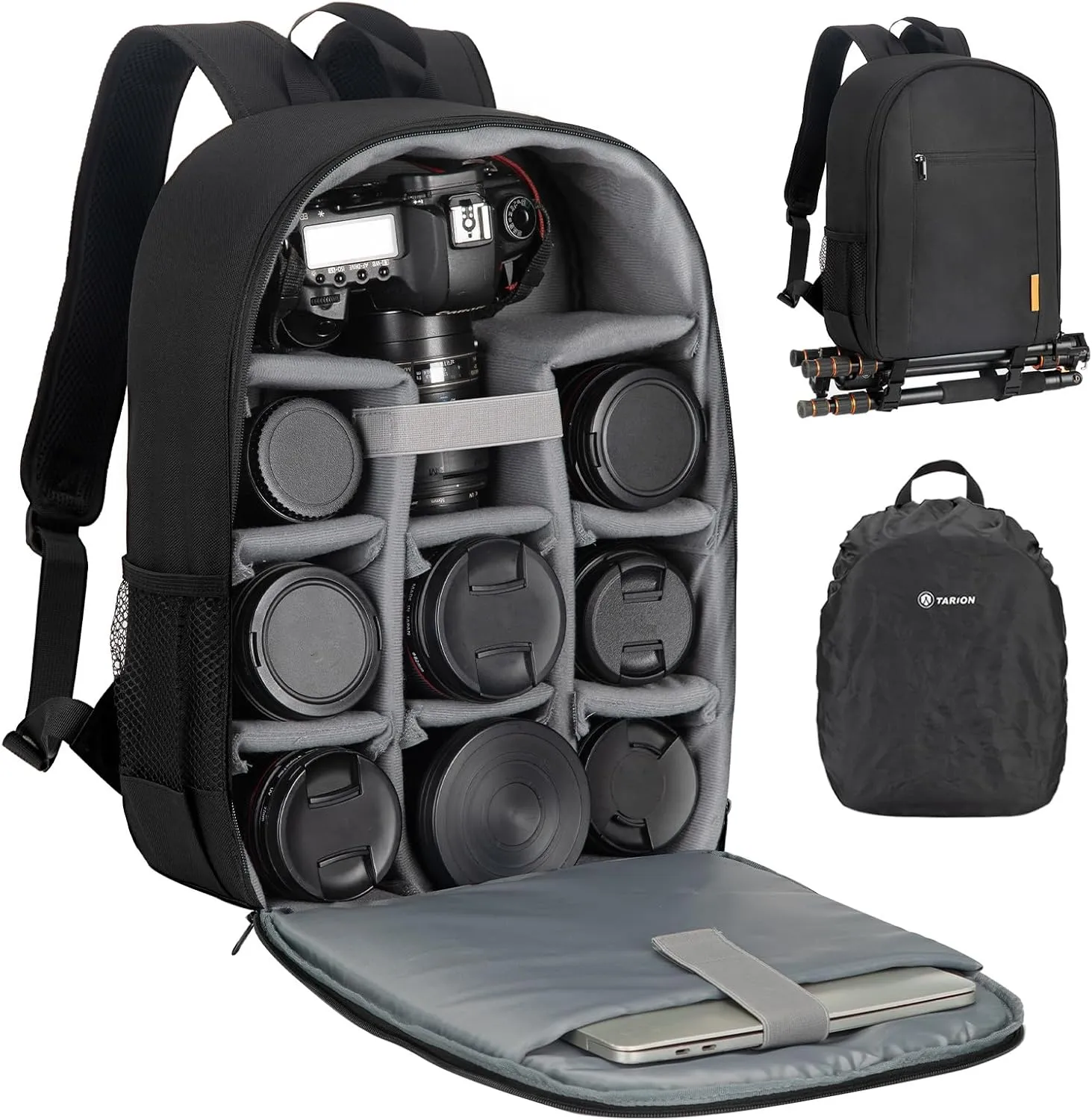 TARION Camera Bag DSLR Camera Backpack with Waterproof Raincover Laptop Compartment Photography Backpack Case Photo Bag for Women Men Photographers DSLR SLR Mirrorless Camera Lens Tripod Black TB-M