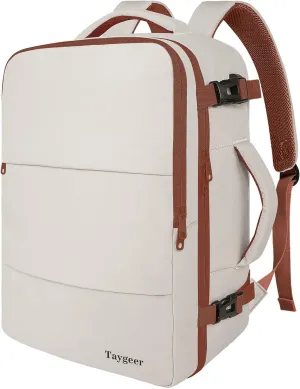 Taygeer Backpack for Women, College Backpack with Laptop Compartment & Shoe Pouch, 35l Travel Laptop Mochila Carry On Luggage, Airline Approved Personal Item Bag For Weekender Gym Hiking, Khaki White