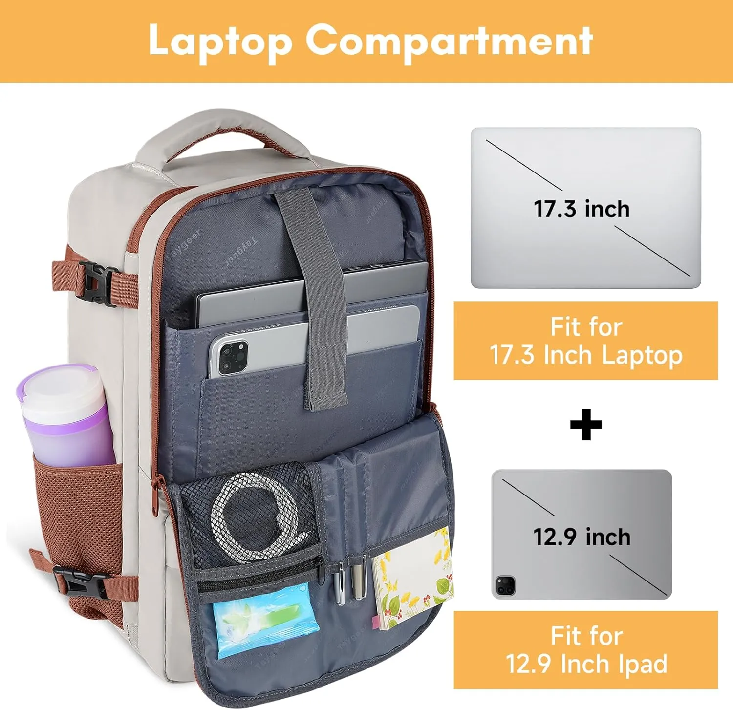 Taygeer Backpack for Women, College Backpack with Laptop Compartment & Shoe Pouch, 40l Travel Laptop Mochila Carry On Luggage, Airline Approved Personal Item Bag for Weekender Gym Hiking, Khaki White