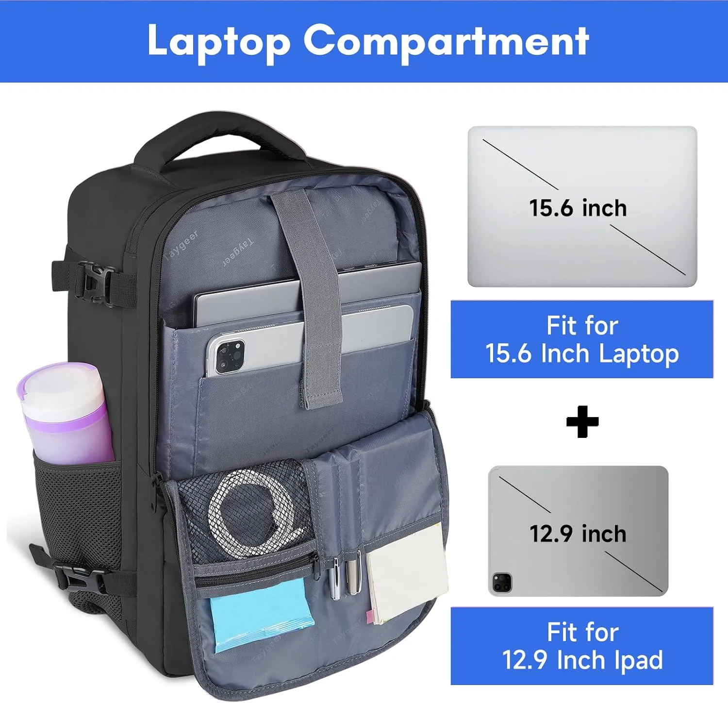 Taygeer Travel Laptop Backpack for Men Women, Airplane Approved Travel Backpack Suitcase with Usb Charging Port, Lightweight College 35l Luggage Bag 15.6inch Laptop Mochila Gifts for Business,Black