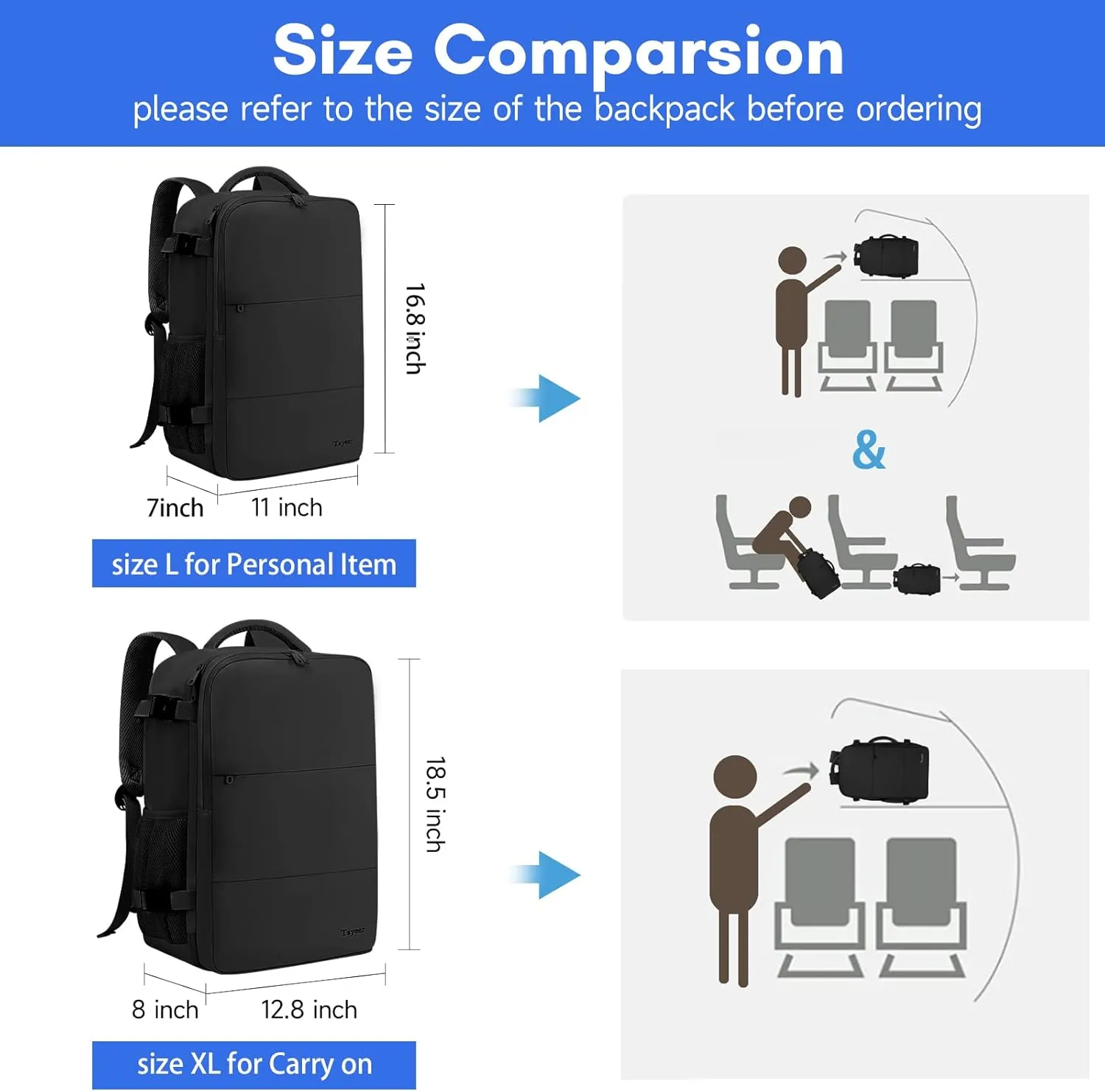 Taygeer Travel Laptop Backpack for Men Women, Airplane Approved Travel Backpack Suitcase with Usb Charging Port, Lightweight College 35l Luggage Bag 15.6inch Laptop Mochila Gifts for Business,Black